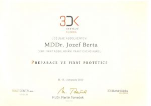 Certifikát - Preparace ve fixní protetice