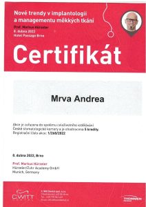 Certifikát - Nové trendy v implantológii a management mäkkých tkanív